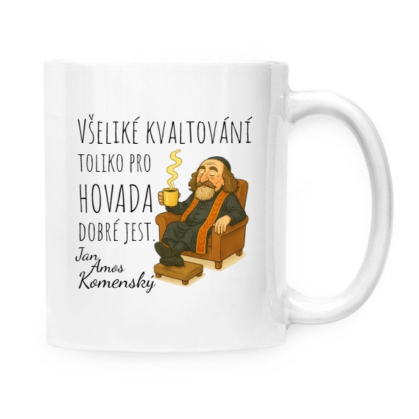 Hrnček malý biely s potlačou Komenský-všeliké kvaltováni